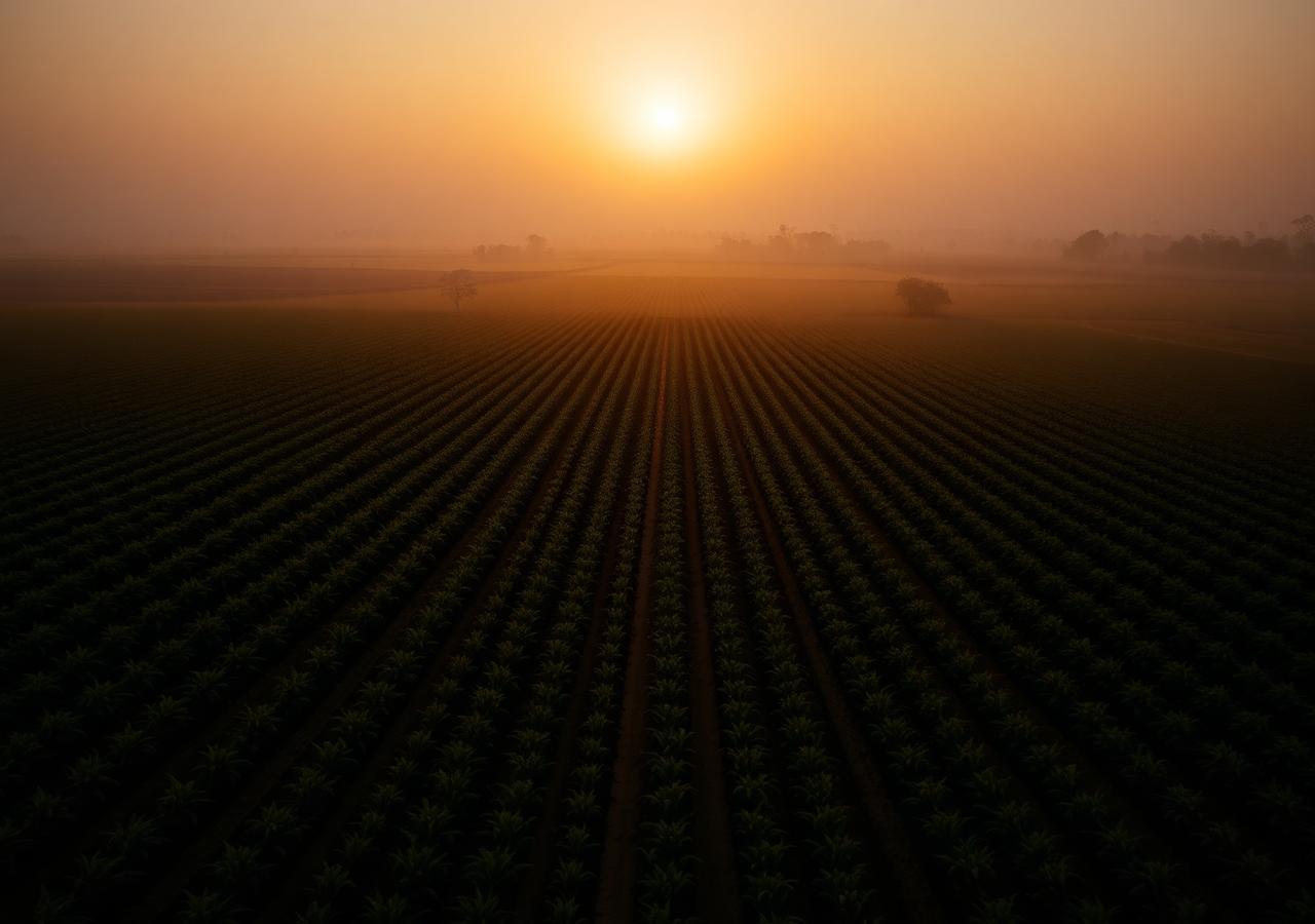 Amanhecer sobre plantação com fileiras de cultivo se estendendo até o horizonte