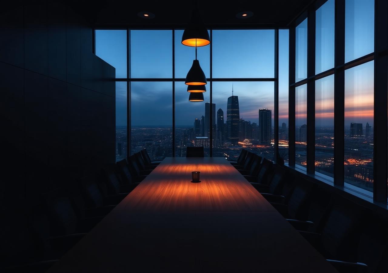Sala de reuniões corporativa moderna com vista da cidade ao entardecer