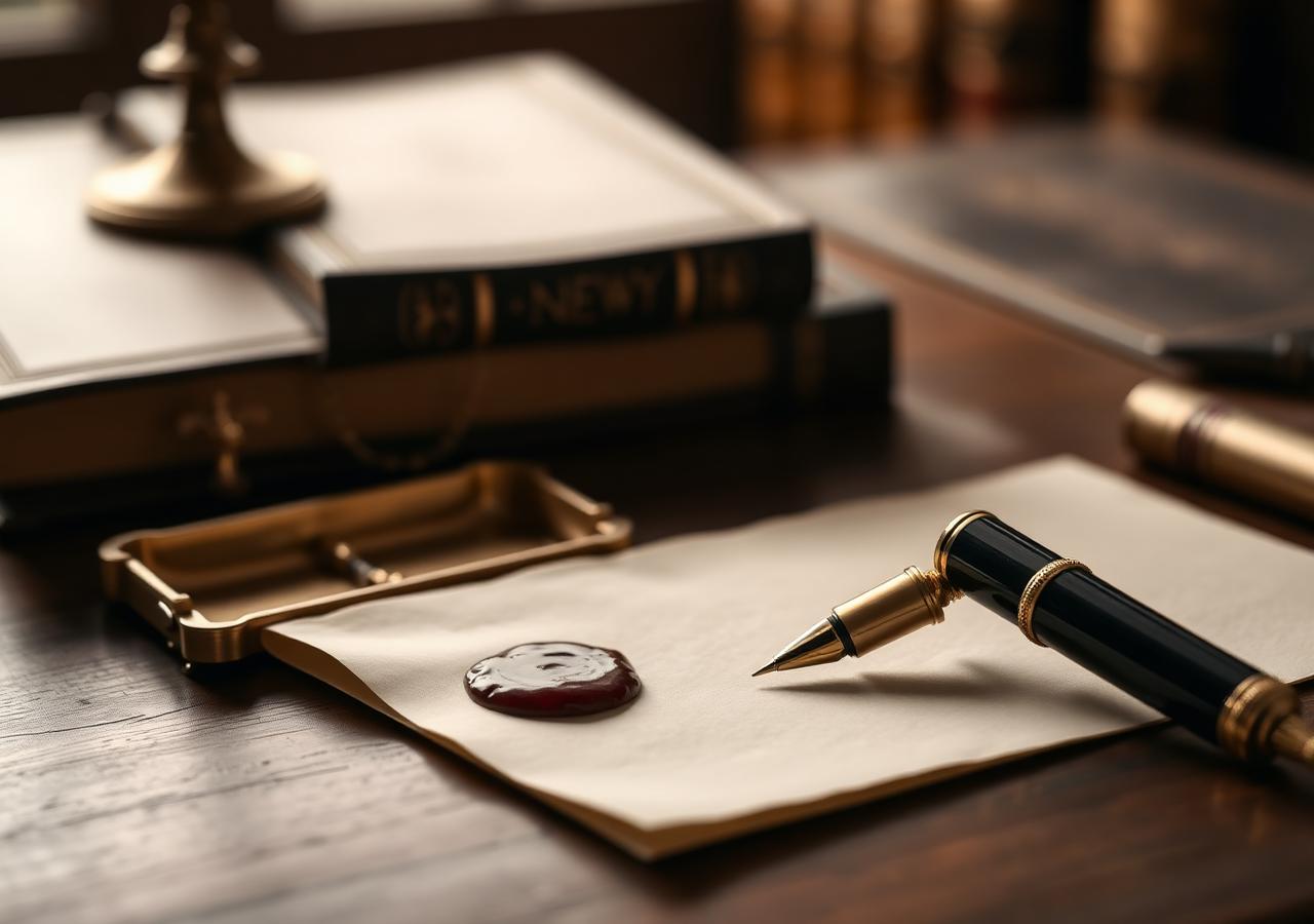 Documentos sucessórios, caneta-tinteiro e livros de direito sobre escrivaninha antiga